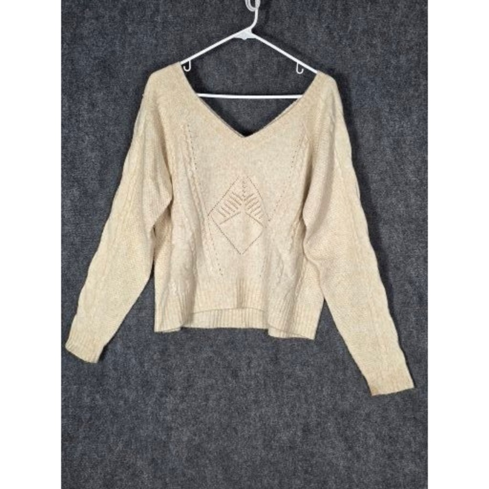 C&V Chelsea & Violet Cream Cable Knit V Neck Cropped Sweater Top Womens L Casual